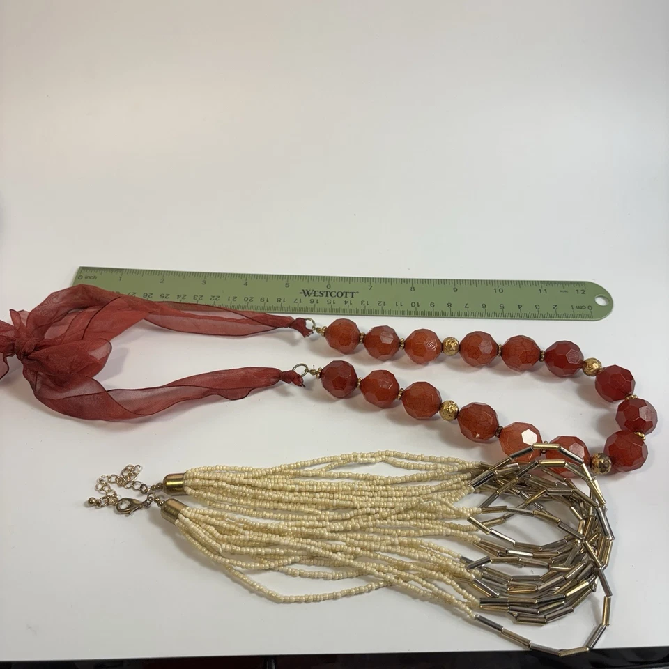 Lote Collar Cuentas Tono Dorado Rojo Grueso Cuentas Sobre Cinta Foto 4 de 4