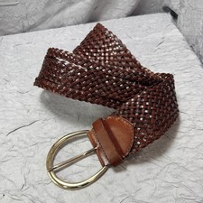 BCBGMAXAZRIA Brown Woven Braided Leather Wide Belt Gold Oval Buckle 44 inch