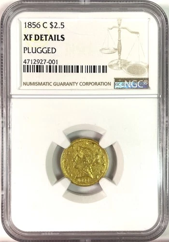 1856-C Charlotte Mint Gold $2.50 Quarter Eagle NGC XF Details Coin, Plug #33598