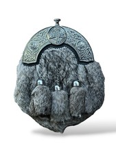 Men's Scottish Celtic Cantle Grey Fur Sporran 3 Tassels Sporran With Chain Belt