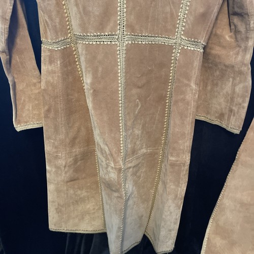 Vintage Suede leather coat /pants Set Medium Tan Brown Gold stitching Buttons - Picture 13 of 13