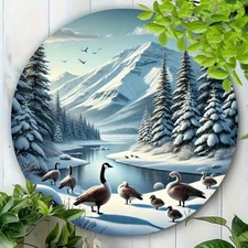 1pc 8x8 Inch Round Aluminum Wall Art - Winter Snow Lake with Canadian Geese, Pin