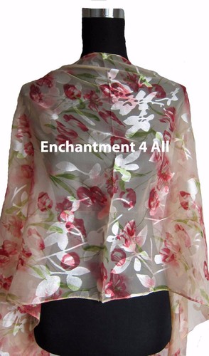New Stunning 100% Pure Silk Floral Sheer Scarf Wrap, Peach/Red - Picture 3 of 4