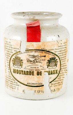 Antique Moutarde De Meaux Paper Label Ceramic Mustard Jar