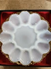 Vintage Anchor Hocking Deviled Egg Plate Milk Glass w/Gold Trim 12 Eggs (MM T-4)