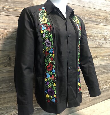 Men Mexican Guayabera Wedding Shirt Black Fabric Multi-Color