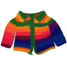 Handmade Crochet Rainbow Baby Sweater Striped Collar Open Front Cardigan READ