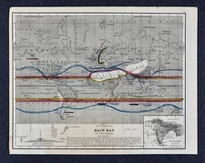 1868 Mitchell World Map - Hyetographic Rain Chart - Tropical Zone India Equator