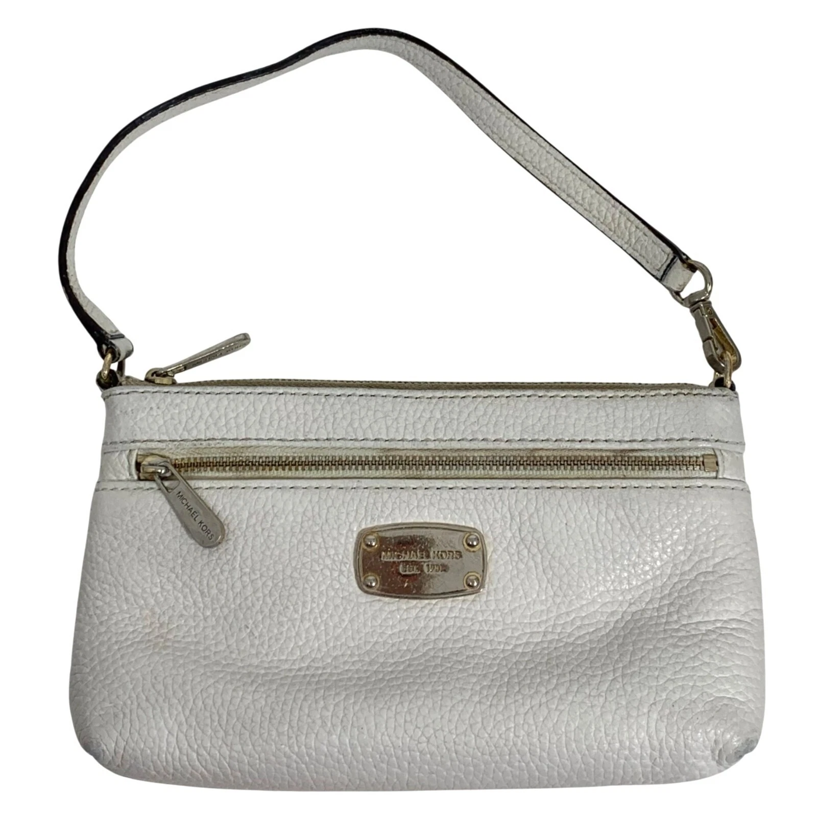 Borsa a mano Michael Kors Off White in pelle di ciottoli pochette logo tono oro