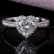 Halo Engagement Ring Solid 14K White Gold 2.00 CT Heart Cut Moissanite Size 7.5