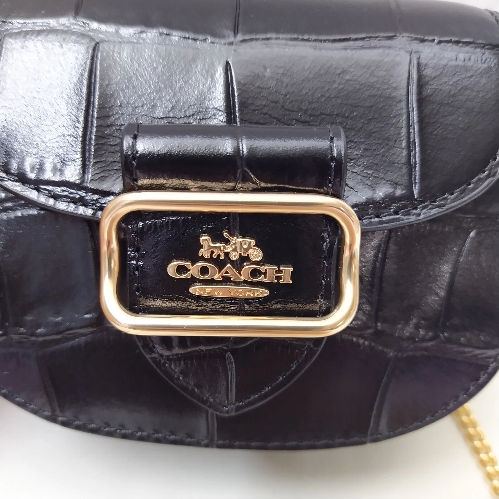 Custodia a tracolla Coach Morgan in pelle nera coccodrillo in rilievo Nuova con etichette $248