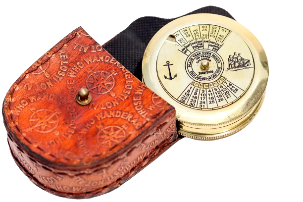Brújula poema náutico calendario marino antiguo vintage de latón con caja de cuero Foto 2 de 4