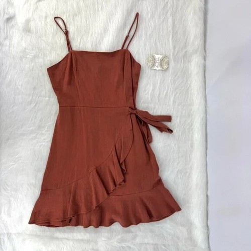 Altar'd State Faux Wrap Ruffle Mini Dress – Size Medium – Rust NWT Linen Blend