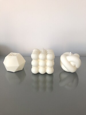 Trio Set - White Bubble Ball Cube, Diamond And Knot Sojawachskerze