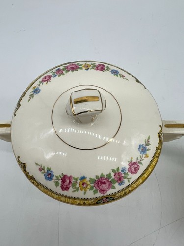 Vtg Edwin M. Knowles China Co Porcelain Creamer & Sugar Bowl Set Gold Rim Floral - Picture 3 of 11