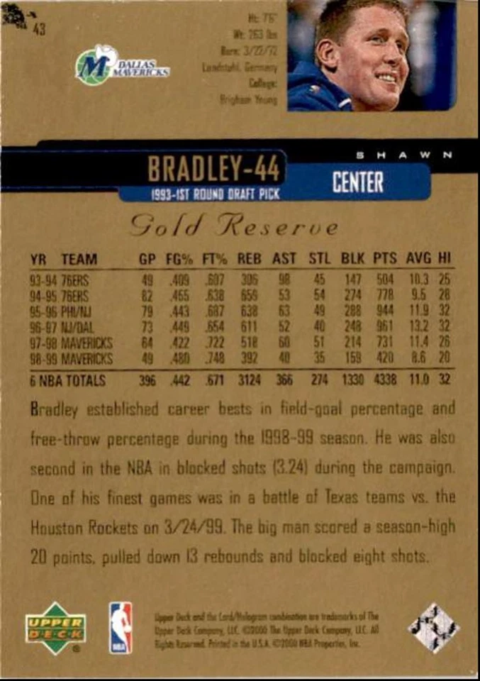 1999-00 Upper Deck Gold Reserve Shawn Bradley Dallas Mavericks #43 - Image 2 of 2