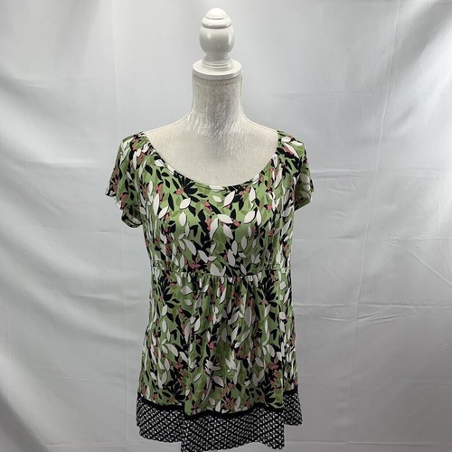 Style & Co. Babydoll Oberteil Pistazie Stretch Kurzarm Mixed Print Blatt Gr. M
