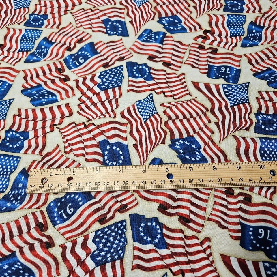 27" Home of the Brave Dan Morris Quilting Treasures Tan Blue Red Flags USA - Image 2 of 3
