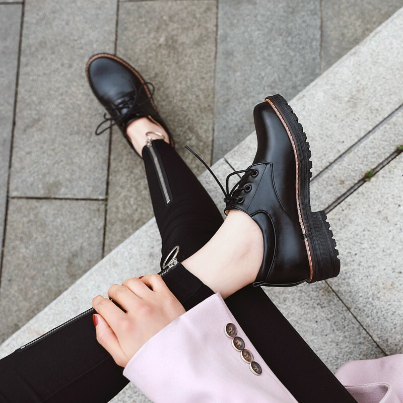 Women's Brogue Oxfords Lace Black Ups Low Heel Round Toe College Solid Shoes  New | eBay