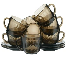 Luminarc Ocean Eclipse 12-pc TEACUPS & SAUCER Set Tempered Glass Cups Brown 