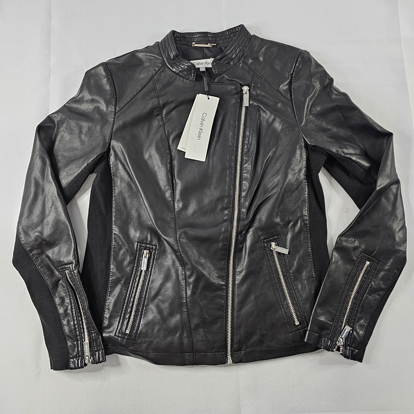 Calvin Klein Moto Jacket Women Small Vegan Leather Black Color With Zippers READ