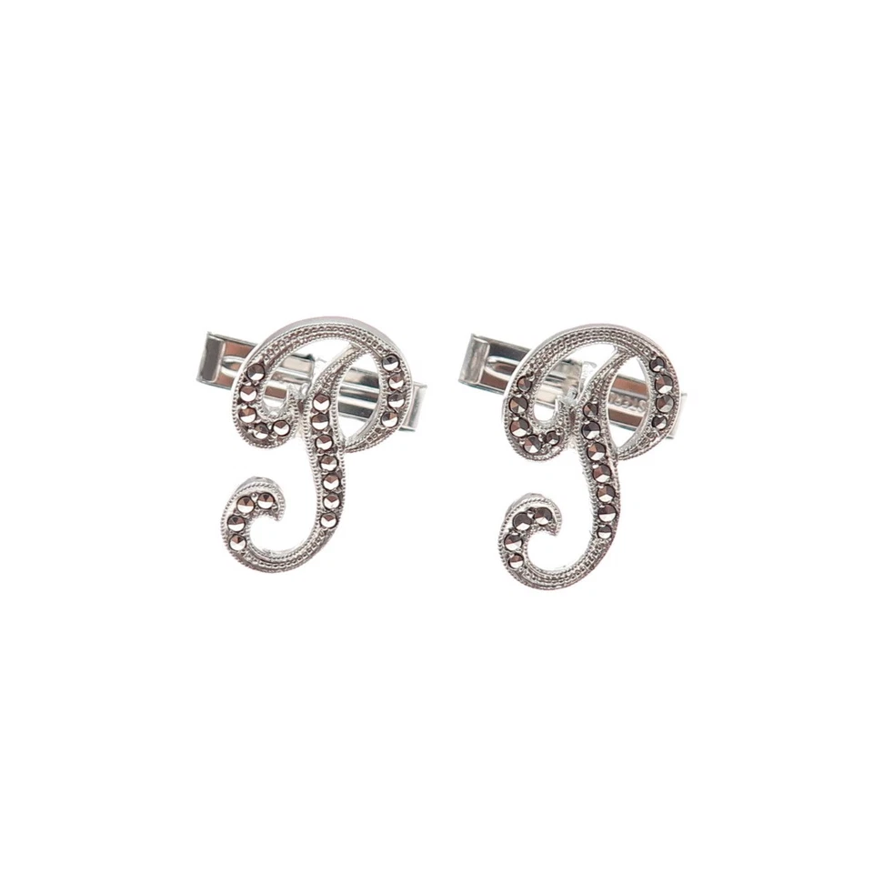 Gemelos iniciales vintage de plata de ley 925 con letra P de marcaita real Foto 4 de 4