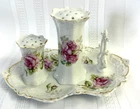 Vintage Porcelain Pink Green Roses Floral Double Hat Pin Holder w/ Attached Tray