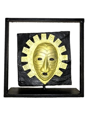 VINTAGE Metall Stammesmaske Wandbild Steinfliese Plakette böse gold schwarz Mexiko MIM
