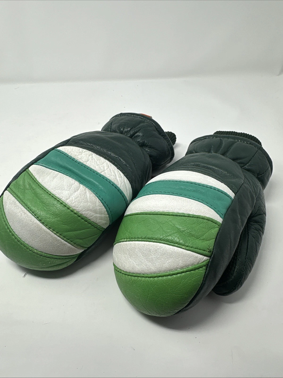 Vtg 1970s/80s Kombi Down White/Green Womens Fill Leather Mittens Gloves | Sz: S