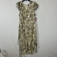 $128 Vince Camuto MetallicPrint Flutter Sleeve Midi Dress Black Gold Size XXL