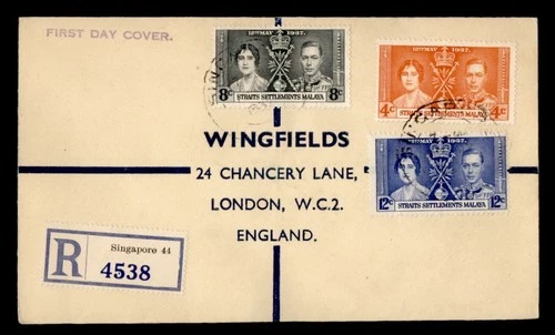 DR WHO 1937 MALAYA SINGAPORE FDC KGVI CORONATION REGISTERED COMBO M70772