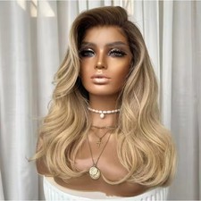 Ombre Golden Blonde Wave Wigs Brown Roots 13x4 Lace Front 100 Human Hair Wigs