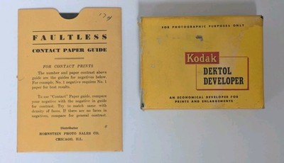 1950s KODAK Dektol Developer Sealed Foil Packs & Faultless Contact Paper Guide
