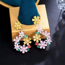 Pretty Flower Long Dangle Earrings Silver Plated Cubic Zirconia Wedding Jewelry