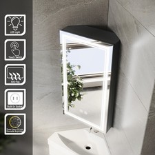 Black Corner Bathroom Mirror Cabinet With Demister Shaver Socket 3 LED Lights