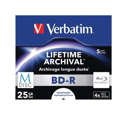 1 x 5 Verbatim M-Disc BD-R Blu-Ray 50 GB 6 x snelheid, jewel case