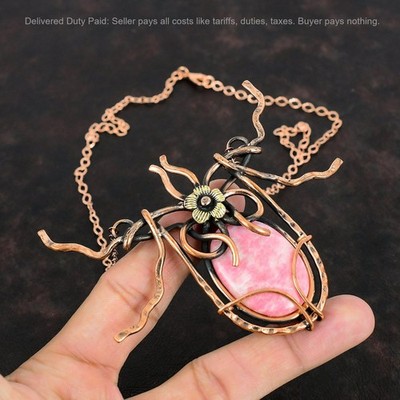 Oval Thulite Gemstone Copper Chain Unique Wedding Wire Wrapped Flower Necklace