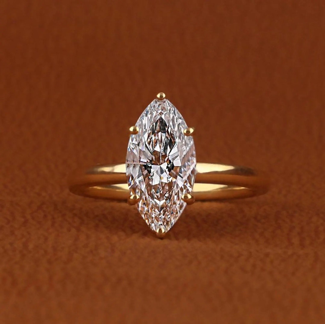 Lab Grown 3 Carat Marquise Diamond Solitaire Engagement Ring 14k Yellow Gold