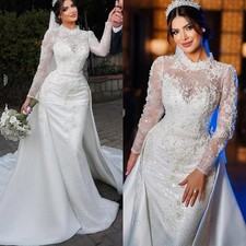 Mermaid Wedding Dress Long Sleeve High Collar Bride with Detachable Tail