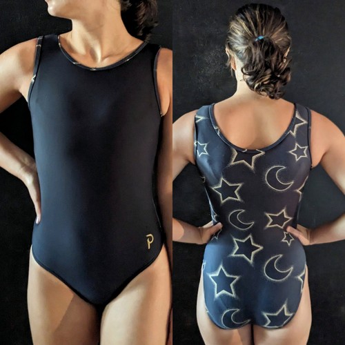 Plum Practicewear Gymnastics Leotard Flip Side Black Star Printed Size AM