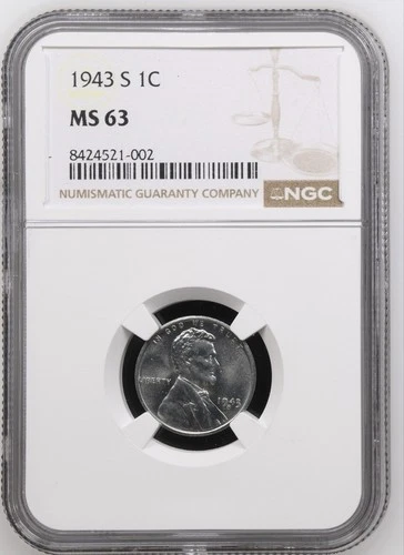 1943 S 1C MS 63 Lincoln Steel Wheat Cent Penny NGC Graded - WW2 WWII