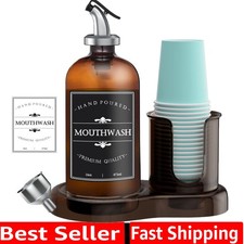 Amber Glass Mouthwash Dispenser with Cup Holder for Bathroom, 16oz Refillable...