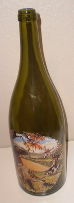Rare Large Green 14'' wine bottle with seated figure looking at windmill etched