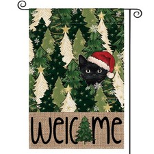 Christmas Decorations Snowflakes Trees Black Cat Welcome Garden Yard Flag 12x18"