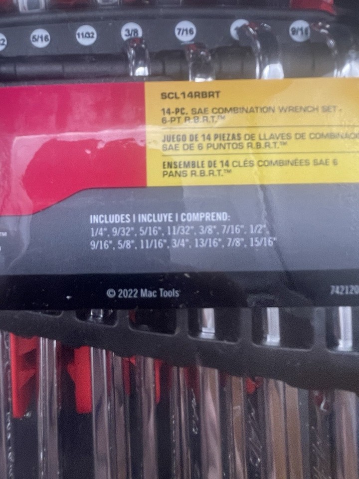 Mac Tools SCL14RBRT 14pc SAE RBRT Combination Wrench Set 6pt 1/4