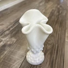 Vintage Fenton Hobnail Milk Glass Handkerchief Wave Swung Footed Vase 6”