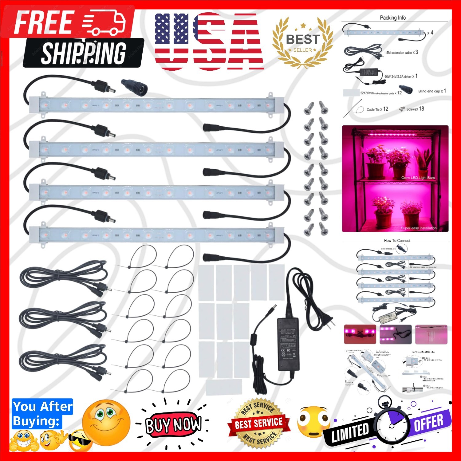 Strip Kit 45w, 4 Pcs 16 Inches Led Grow Light Strips With Ex