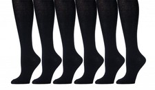 6 Pack of Womens Knee High Socks, Cotton, Flat Knit, Solid Colors Black