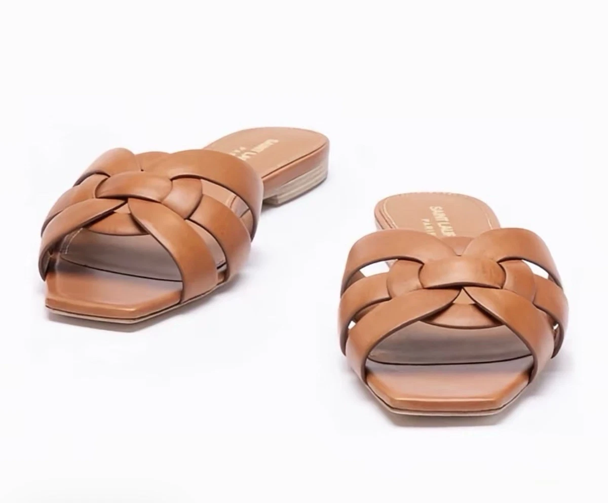 YVES SAINT LAURENT Size 11 Brown Woven Leather Flat Sandals Saint Laurent Nu Pieds Woven Patent Flat Sandals | Neiman Marcus main image 3