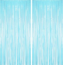 BRAVESHINE Foil Fringe Curtains Party Backdrop - 3.2ft x 8.2 ft, Pastel Blue